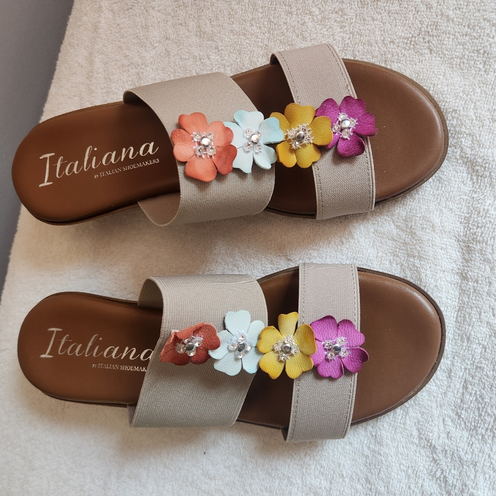 Italiana sandals Size 7.5; beige upper, brown sole, multicolor flower details.